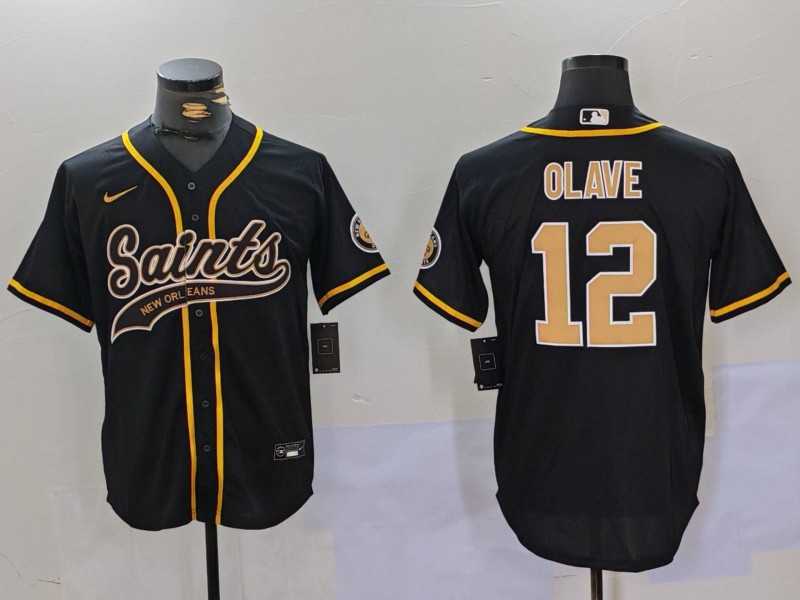 Men%27s New Orleans Saints #12 Chris Olave Black Cool Base Stitched Baseball Jersey